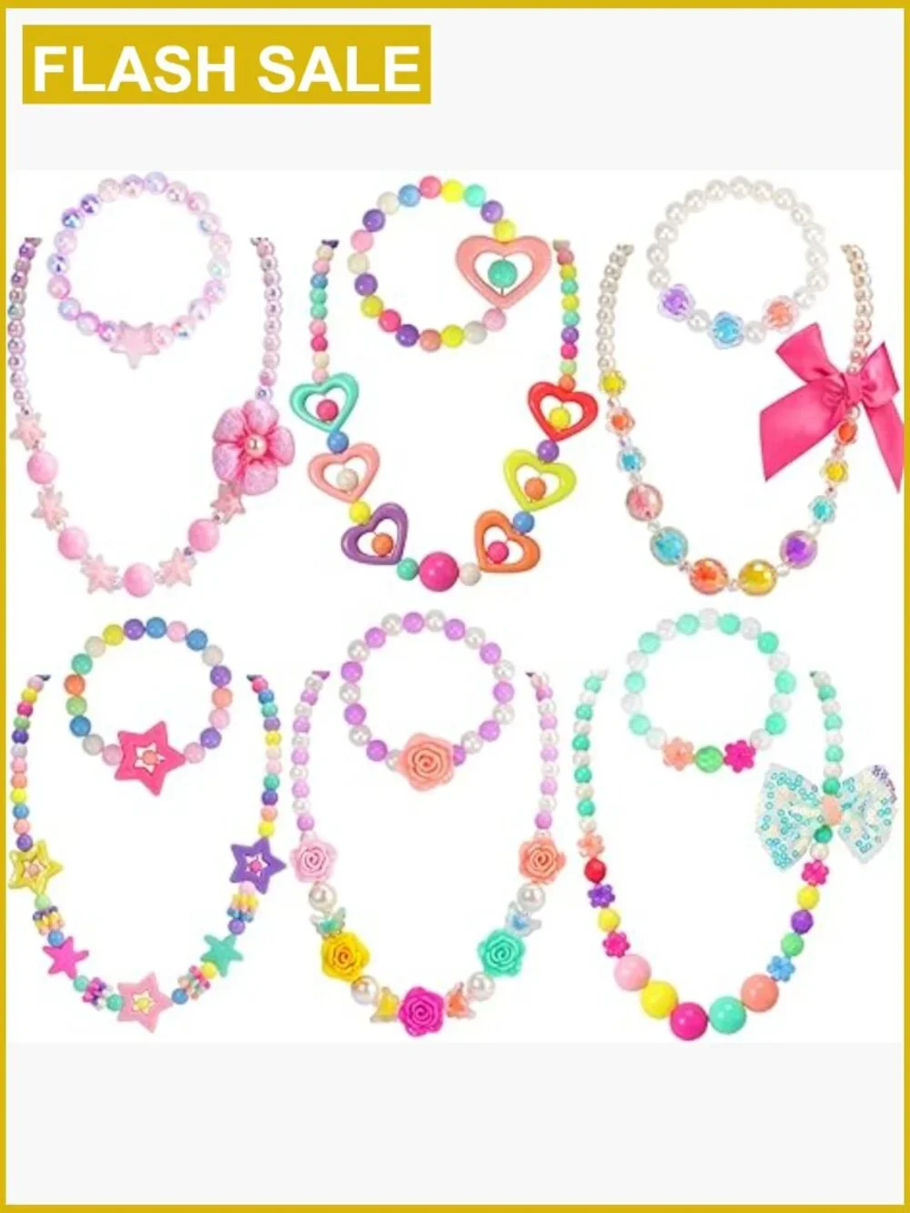 6 Set Beaded Necklace & Bracelet Set for Girls Dress Up Jewelry